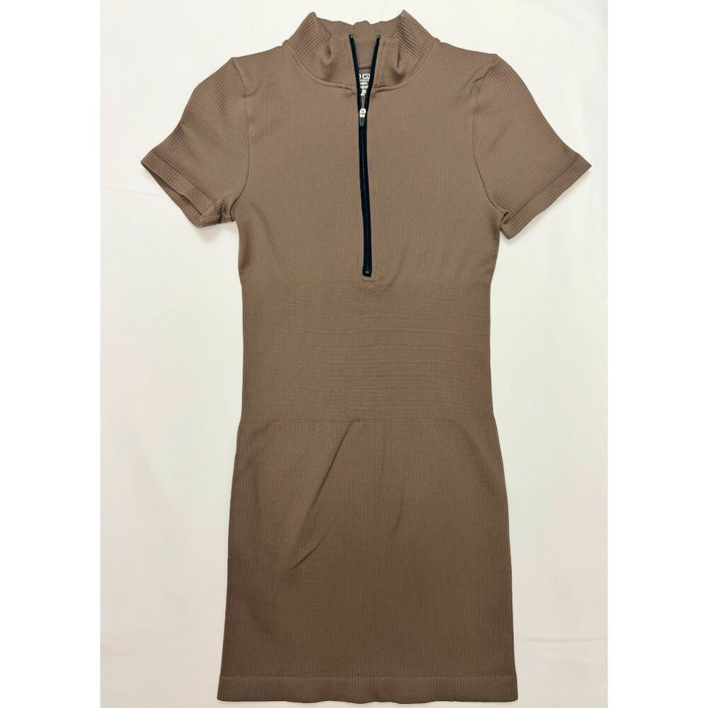 Clean Girl Minimalist Ribbed Zip Bodycon Dress OQQ Taupe Coffee Small - Picture 4 of 8